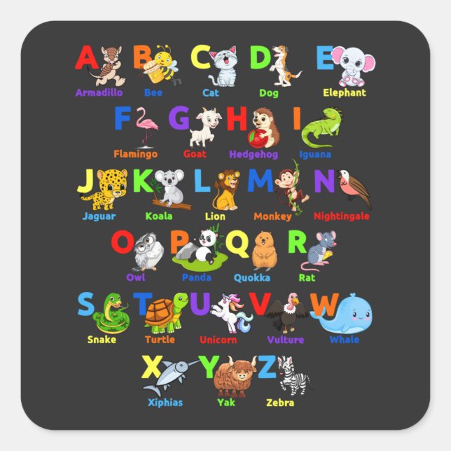 Cuadrada Alphabet Animal ABC aprende Pegatina cuadrado (Anverso)