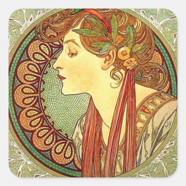 Cuadrada Alphonse Mucha Pegatina de Art Nouveau (Anverso)