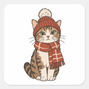 Cuadrada Amante de Gatos en Invierno - Pegatina de Gato Ado