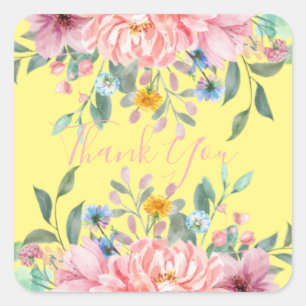 Cuadrada Amarillo soleado con flores pegatina cuadrado