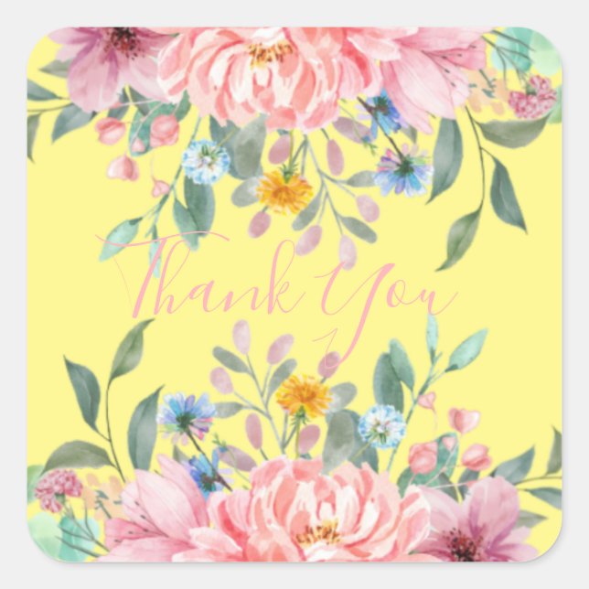 Cuadrada Amarillo soleado con flores pegatina cuadrado (Anverso)