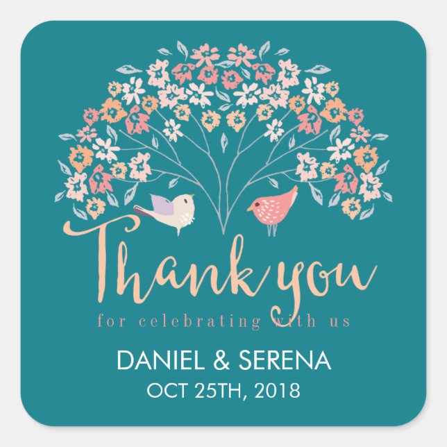 Cuadrada Amo Aves Árbol de flores Gracias Pegatina Boda (Anverso)