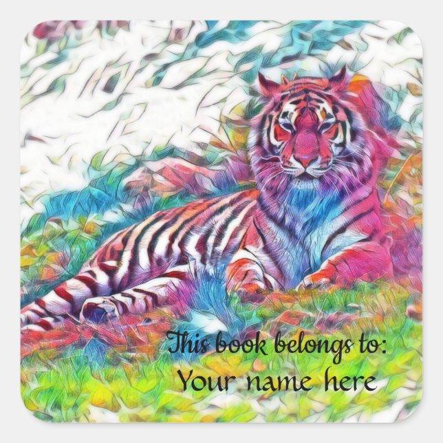 Cuadrada Amur Tiger en rosa Pegatina "Este libro le pertene (Anverso)