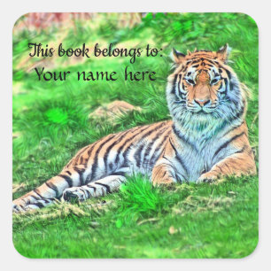 Cuadrada Amur Tiger en verde Pegatina "Este libro le perten
