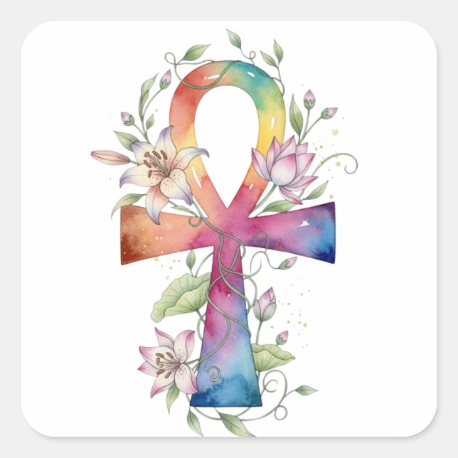 Cuadrada Ankh Sacred Pegatina Premium Acuarela (Anverso)
