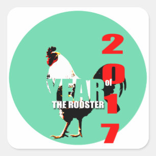 Cuadrada Año 2017 del gallo en pegatina verde del círculo