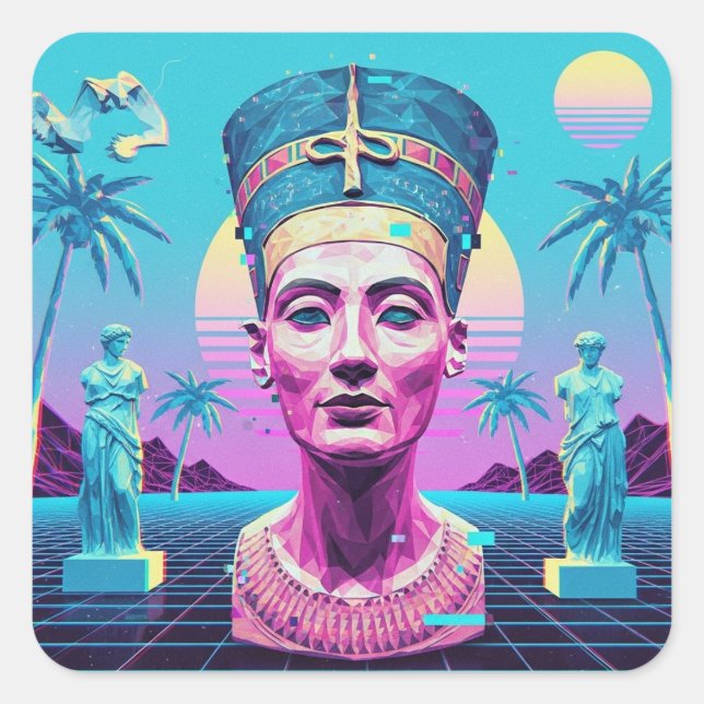 Cuadrada Antiguo Nefertiti Premium Pegatina Vaporwave (Anverso)
