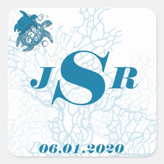 Cuadrada Aqua Turtle Love Monogram Pegatina (Anverso)