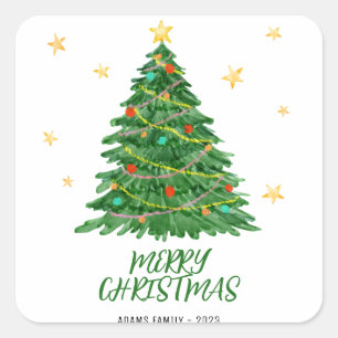 Cuadrada Árbol acuarela Pegatina navideño