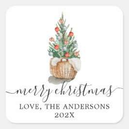 Cuadrada Árbol de Navidad tradicional Feliz pegatina de Nav