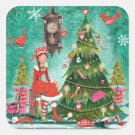 Cuadrada Árbol de niñas de vacaciones navidades | PEGATINA
