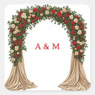 Cuadrada Arco de boda con rosas crema rojo Pegatina Tema 🌹