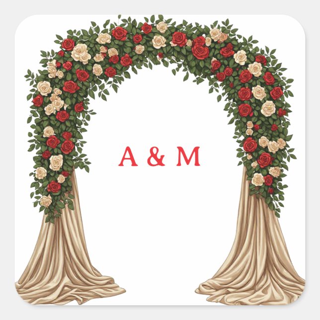 Cuadrada Arco de boda con rosas crema rojo Pegatina Tema 🌹 (Anverso)