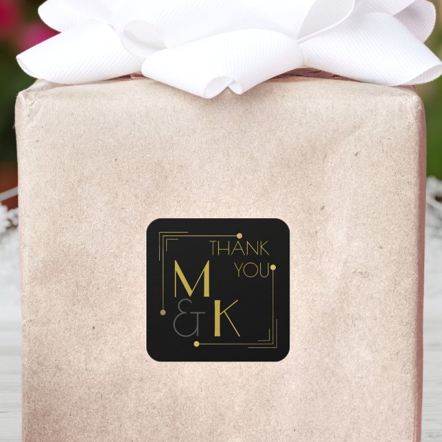 Cuadrada Art Deco Boda Black Gold Gracias Pegatina (A black and gold Gatsby wedding thank you sticker for all your wedding thank you sticker needs)