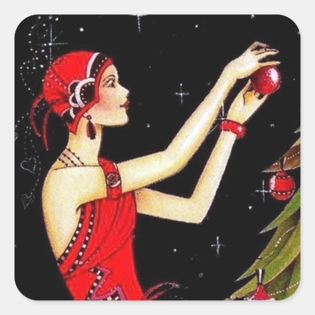 Cuadrada Art deco retro vintage Christmas lady pegatina (Anverso)