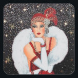 Cuadrada Art deco retro vintage Christmas lady pegatina<br><div class="desc">diseño por www.etsy.com/Shop/VanityFlairDesign</div>