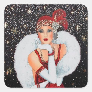 Cuadrada Art deco retro vintage Christmas lady pegatina