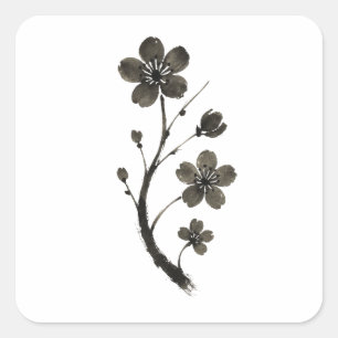 Cuadrada Arte de línea de ciruela de flor - Pegatina botáni