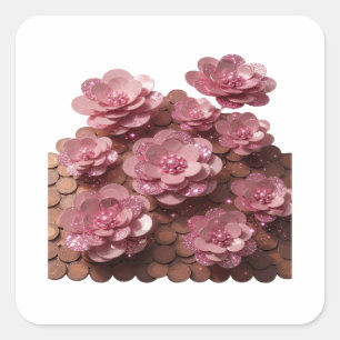 Cuadrada Arte de pegatina de flores y monedas rosas platead