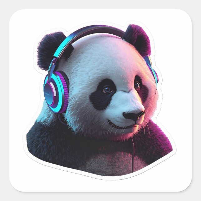 Cuadrada Arte de pegatina de juego de panda con auriculares (Anverso)
