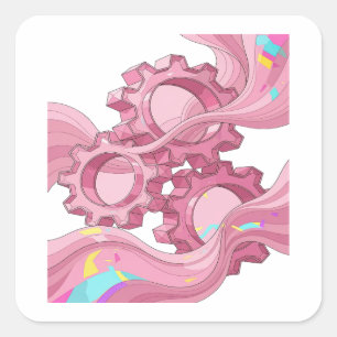 Cuadrada Arte de pegatina GEARS AND FLOWING WAVES Rosa Bril