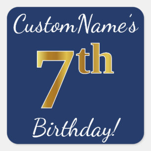 Cuadrada Azul, Faux Gold 7 cumpleaños + Pegatina de nombre 