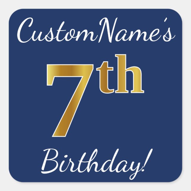 Cuadrada Azul, Faux Gold 7 cumpleaños + Pegatina de nombre  (Anverso)