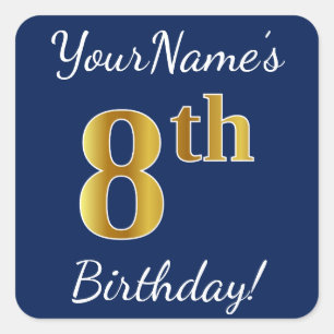 Cuadrada Azul, Faux Gold 8Cumpleaños + Pegatina de nombre p