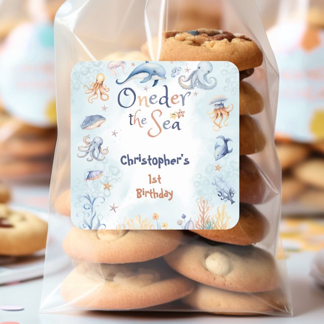 Cuadrada Azul Oneder el mar primer cumpleaños Pegatina (Subido por el creador)