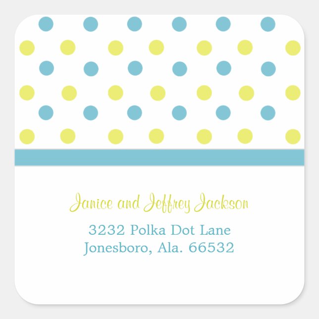 Cuadrada Azul y amarillo: Polka Dot Address Pegatina (Anverso)