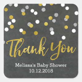 Cuadrada Baby Shower Silver Confetti Gold Gracias Pegatina