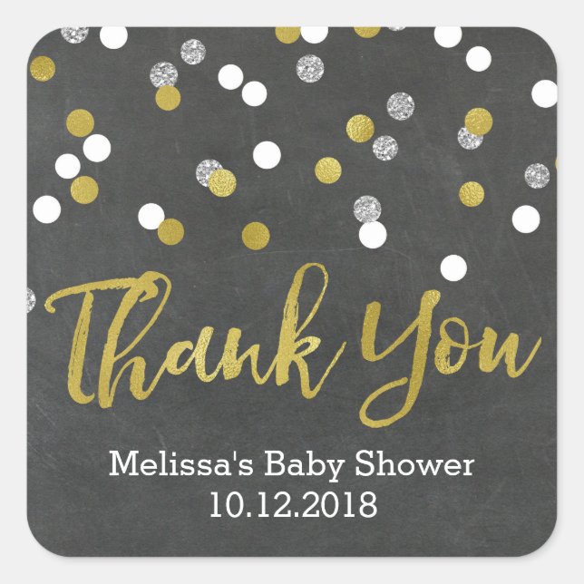 Cuadrada Baby Shower Silver Confetti Gold Gracias Pegatina (Anverso)