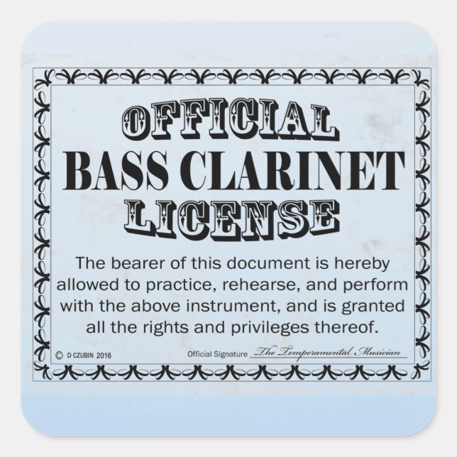 Cuadrada Bass Clarinet License Square Pegatina (Anverso)