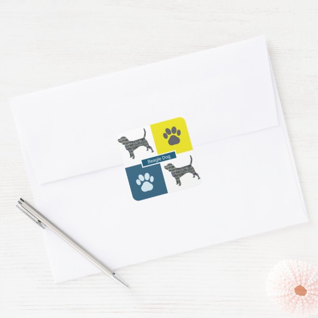Cuadrada Beagle Hound Dog & Paw Y&B Grid Square Pegatina (Sobre)