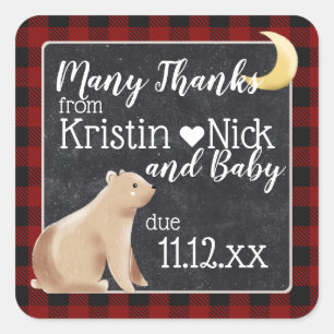 Cuadrada Bearly Wait Gracias Favor Pegatina Buffalo Plaid
