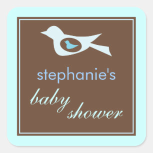 Cuadrada Bebé Birdie en un Pegatina de Baby Shower azul