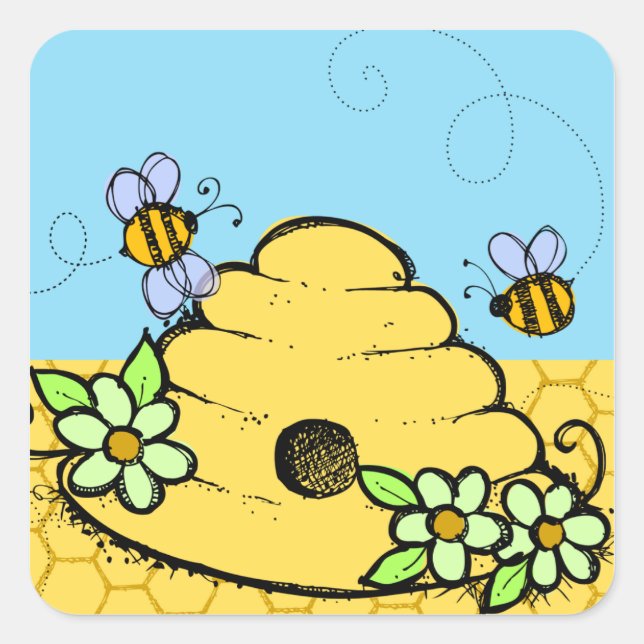 Cuadrada Beehive y Bees Pegatina (Anverso)
