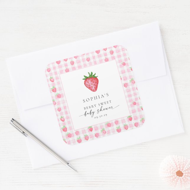 Cuadrada Berry Sweet Strawberry Baby Shower Square Pegatina (Sobre)