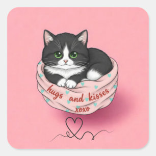 Cuadrada besos y abrazos gatito esmoquin pegatina