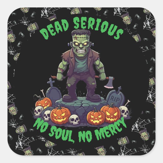 Cuadrada 🖤 Black Frankenstein Halloween Pegatina 💀 🎃 (Anverso)