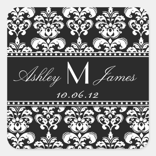 Cuadrada Black White Damask Save the Date Pegatina (Anverso)