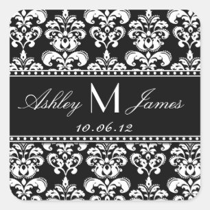 Cuadrada Black White Damask Save the Date Pegatina