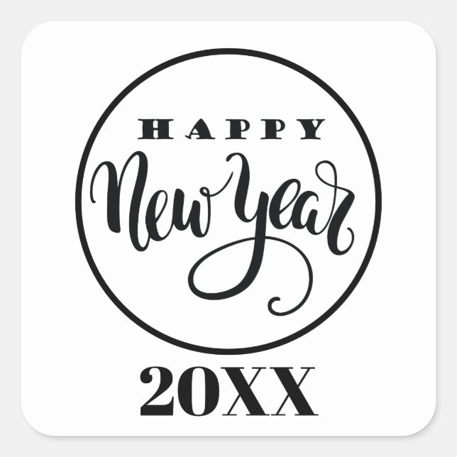 Cuadrada Blanco negro Feliz Año Nuevo añada pegatina de fec (Anverso)