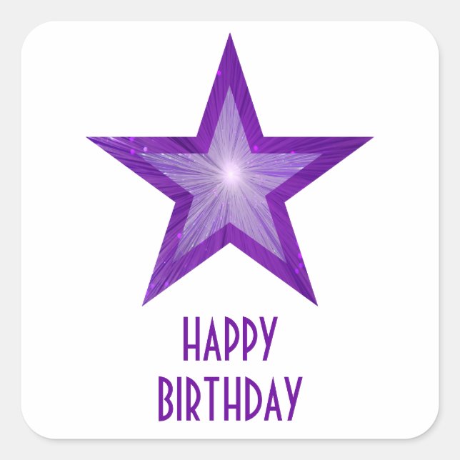 Cuadrada Blanco pegatina cuadrado de Estrella Morada 'Feliz (Anverso)