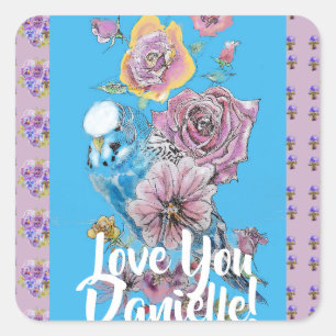 Cuadrada Blue Budgie Watercolor Floral Ladies Pegatina
