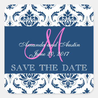 Cuadrada Blue Damask Inicial Save the Date Pegatina