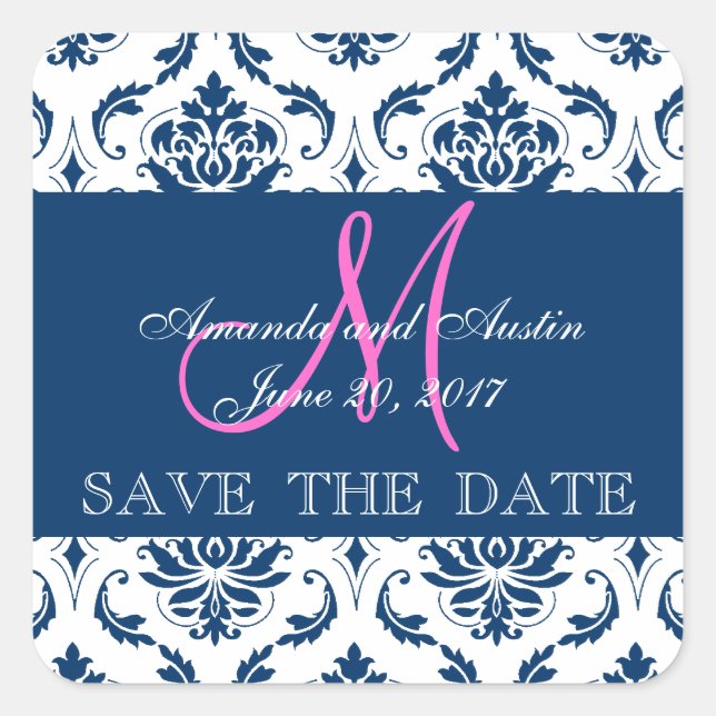 Cuadrada Blue Damask Inicial Save the Date Pegatina (Anverso)