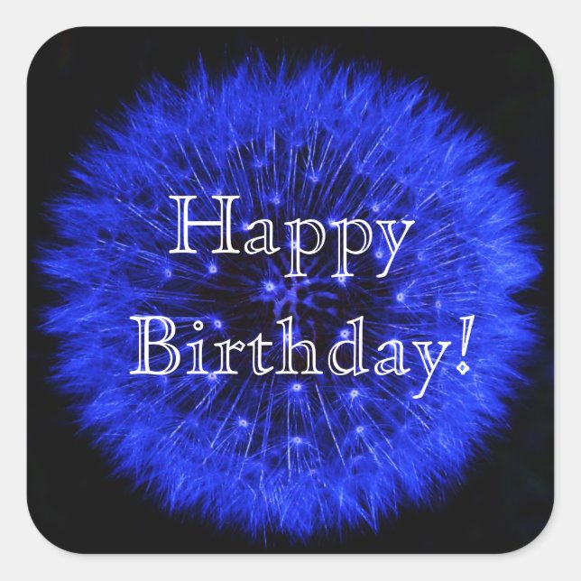 Cuadrada Blue Dandelion Happy Birthday Pegatina (Anverso)