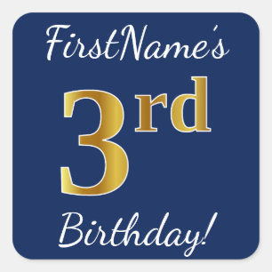 Cuadrada Blue, Faux Gold 3Birthday + Pegatina de nombres pe