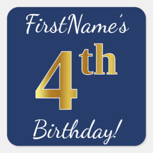 Cuadrada Blue, Faux Gold 4Cumpleaños + Pegatina de nombre p